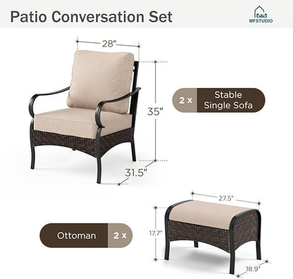 MFSTUDIO 4 Pieces Outdoor Patio Furniture Set, Metal Outdoor Conversation Sofa, Rattan Wicker Patio Sectional Sofa Set with 2 x Fixed Single Sofa, 2 x Ottoman, Beige