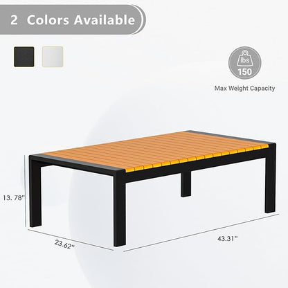 Aluminum Outdoor Coffee Table - Black Rectangle Patio Tables with Teak Top for Deck, and Poolside