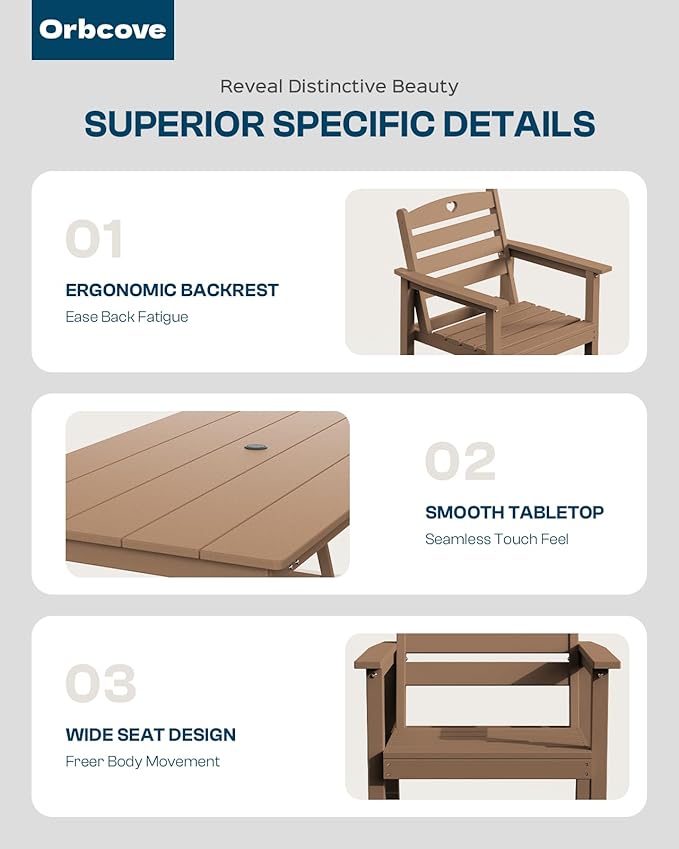 Patio Table and Chairs Set with Umbrella Hole, HDPE Patio Dining Set for 6, Outdoor Dining Set for Lawn, Patio, Porch, Deck, Poolside, Yard (Teak, 7-Piece)