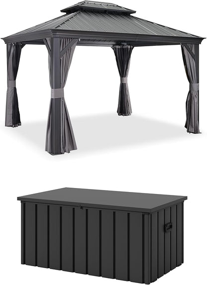 PURPLE LEAF 10' X 12' Hardtop Gazebo with Galvanized Steel Double Roof for Patio Lawn and Garden, Curtains and Netting Included, Grey