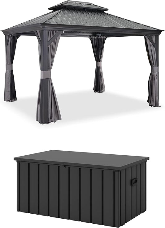 PURPLE LEAF 10' X 12' Hardtop Gazebo with Galvanized Steel Double Roof for Patio Lawn and Garden, Curtains and Netting Included, Grey
