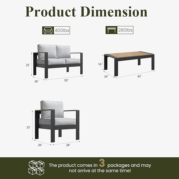 LayinSun 4 Piece Aluminum Outdoor Furniture Set with Coffee Table, Outside Patio Deep Seating Conversation Set with Upgraded Washable Thick Cushion