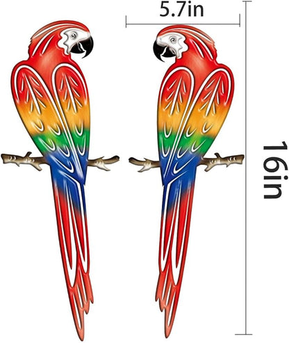 Metal Outdoor Wall Art Decor,3D Colorful Garden Birds Sculpture Outdoor Iron Hanging Parrot Decor, Metal Hand-Made Bird Wall Art Decorations for Fence Patio Balcony Living Room