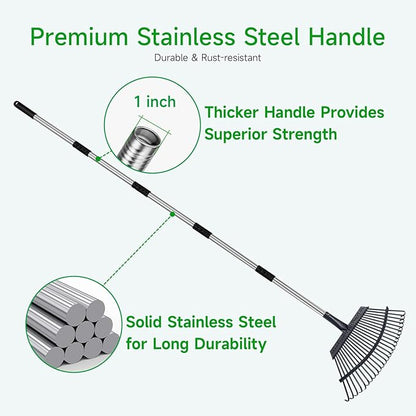 Rake for Leaves Heavy Duty 72 Inch Long Expandable Leaf Rake, 18 Inch Wide Garden Rakes with 25 Reinforced Tines and Stainless Steel Handle for Lawn, Yard, Leaf Cleanup