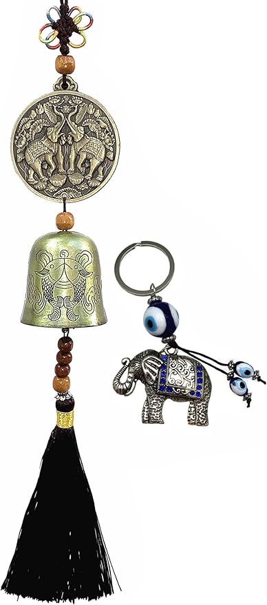 Traditional Lucky Feng Shui Wind Chime Bell Hanging Ornament Decoration for Protection Success Peace and Wealth (Elephant)