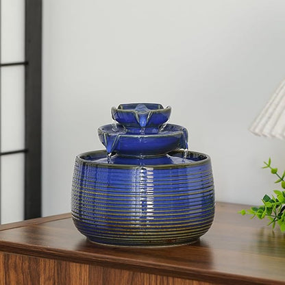 Outdoor and Indoor Water Feature Fountain Waterfall Tabletop Desktop mini Ceramic Garden Fountain (Blue A171)