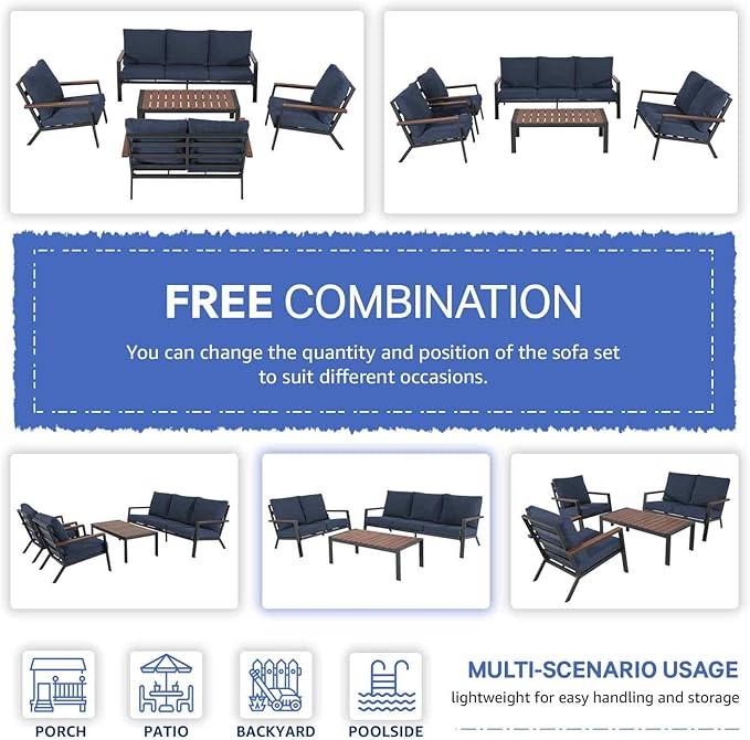 Soleil Jardin Aluminum Patio Furniture Loveseat, Outdoor 2 Seats Sofa Couch with FSC Certified Solid Wood Top, Outdoor Conversation Set Deep Seating Loveseat w/Removable Cushion, Denim Blue