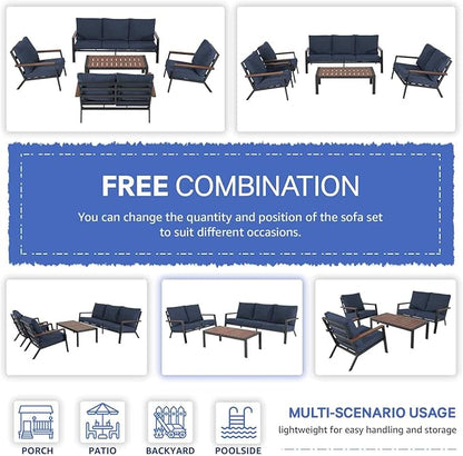 Soleil Jardin Aluminum Patio Furniture Loveseat, Outdoor 2 Seats Sofa Couch with FSC Certified Solid Wood Top, Outdoor Conversation Set Deep Seating Loveseat w/Removable Cushion, Denim Blue