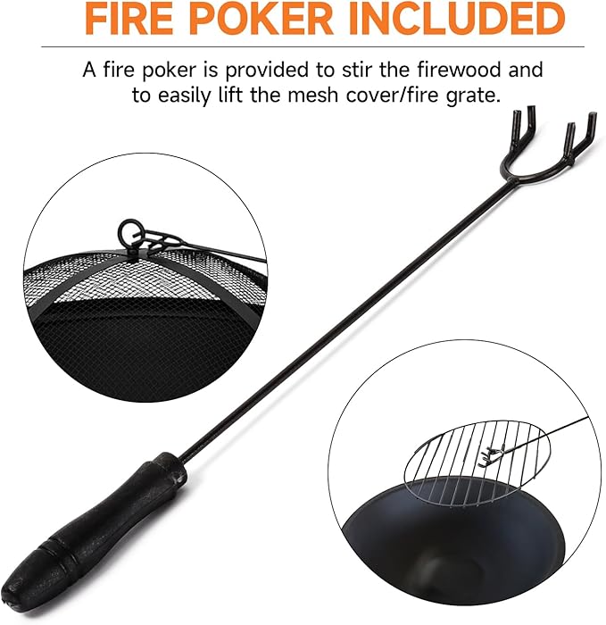 22-Inch Portable Round Metal Fire Pit Set, Durable Wood Burning Fireplace/Firepit with Steel Bowl, Mesh Lid, Poker, and Cover