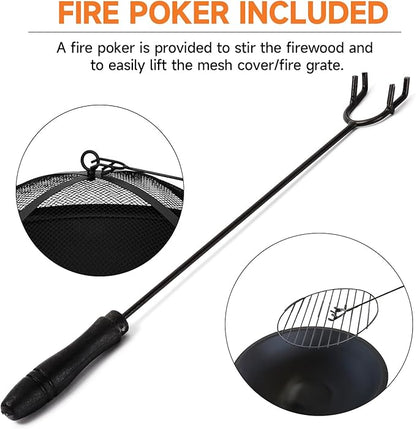 22-Inch Portable Round Metal Fire Pit Set, Durable Wood Burning Fireplace/Firepit with Steel Bowl, Mesh Lid, Poker, and Cover