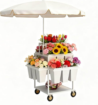 Metal Garden Cart Plant Stand with 18pcs Buckets and parasols, Slide Out Rolling Flower Display Rack, for Florist, Patio Garden, Weddings Party, Business Market (White)