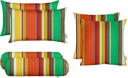 RSH DECOR: 6-Pack Pillow Set | All-Weather Spun Fabric | Water & Fade-Resistant | 17" Square, 20" x 12" Lumbar, 20" x 6" Neck Roll | Outdoor Pillows for Patio Furniture | Bright Colorful Stripe