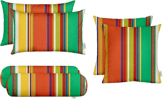 RSH DECOR: 6-Pack Pillow Set | All-Weather Spun Fabric | Water & Fade-Resistant | 17" Square, 20" x 12" Lumbar, 20" x 6" Neck Roll | Outdoor Pillows for Patio Furniture | Bright Colorful Stripe