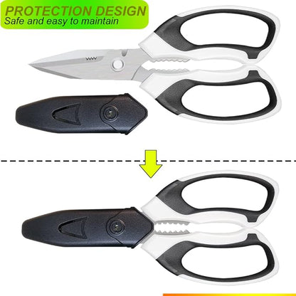 Heavy Duty 8'' Multipurpose Scissors with Protective Cover, Stainless Steel Serrated Blades, Easy Cutting Cardboard, Leather, Fabric, Wires, White