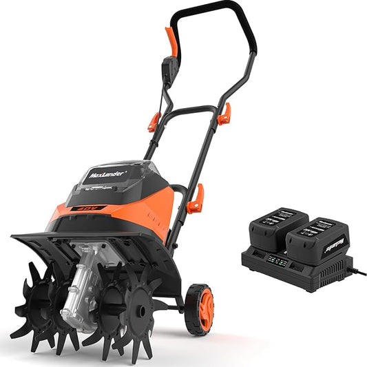 MAXLANDER Cordless Tiller Cultivator, 40V 12-Inch Brushless Battery Powered Garden Tiller with 4 Steel Tines, Powerful 280 RMP Rototiller, 2x4.0Ah Battery and Charger Included