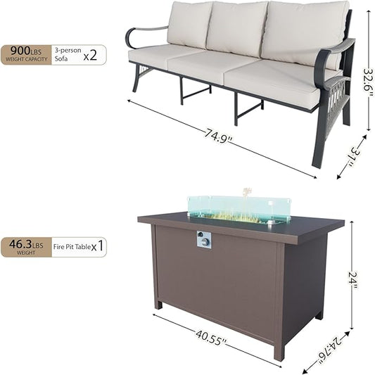3 Pieces Outdoor Patio Conversation Sets with All Weather Cushions, Metal 2 Three-Seater Sofas, 1 Fire Pit Table for Backyard Deck Porch Poolside, Beige
