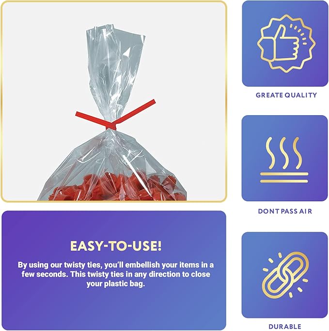 APQ Red Metallic Twist Ties for Bags, 6 inches. 2000 Pack Plastic-Coated Bread Twist Ties for Treat Bags. Reusable Bread Ties. Light Metallic Twist Tie. Heavy-Duty Twisty Ties for Bags
