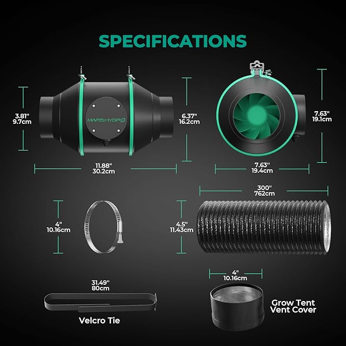 MARS HYDRO 4 Inch Inline Fan and Filter, with Temperature and Humidity Controller, and 25 Feet Ducting, Exhaust Fan for Grow Tents, Hydroponics