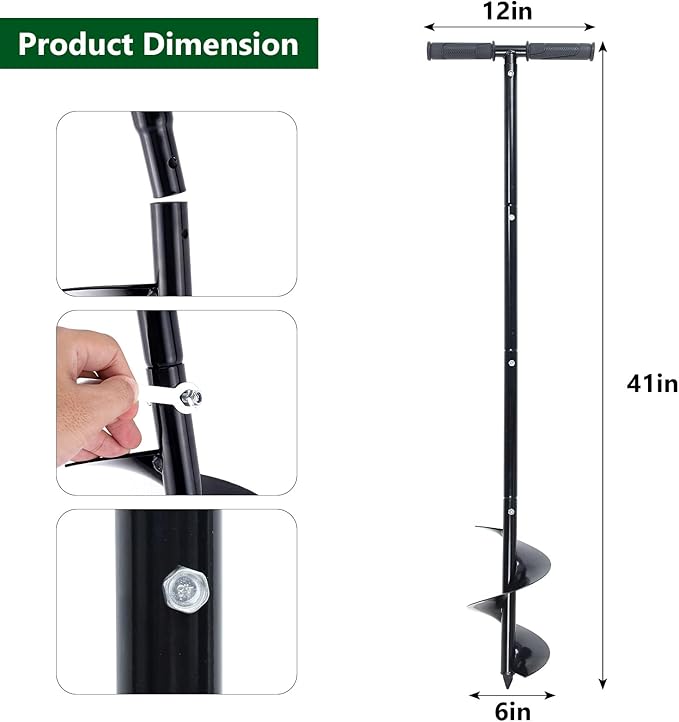Post Hole Digger Manual 6" x 41" Garden Auger Spiral Drill with T Shaped Handle for Digging Planting Bulb Bedding