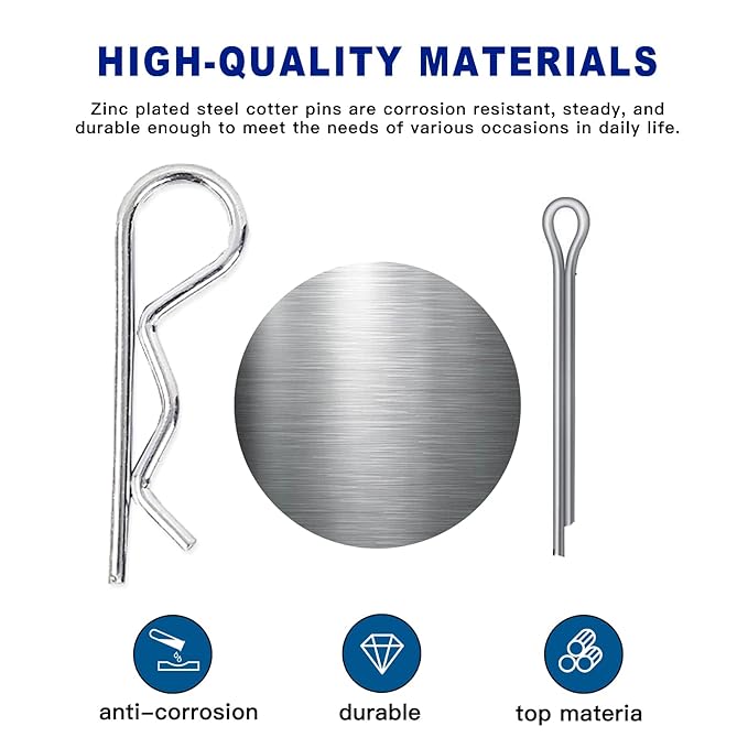 Boatsea 250Pcs Cotter Pin Assortment Kit R Clips Spring Retaining Hair Pins Assortment Kit, Including 6 Sizes 110PCS Cotter Pins and 6 Sizes 140PCS Hairpin Pins, Zinc-Plated