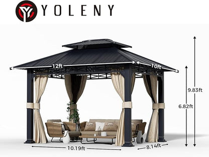 YOLENY 10' x 12' Gazebo with Galvanized Steel Roof, Double Roof with Anti-Rust Coating, Outdoor Gazebos with Curtains and Netting, Sunshade for Gardens, Lawns, Deck