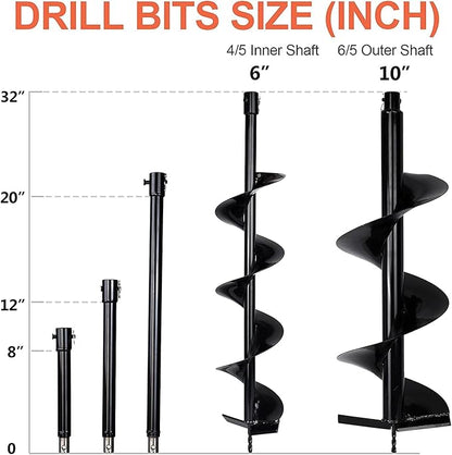 DC HOUSE Post Hole Digger, 52cc 1800W Gas Powered Earth Auger Earth Digger, Auger Post Hole Digger with Two Drill Bit 6" & 10" and Extension Rods, for Fence, Farmland and Garden, EPA Certified