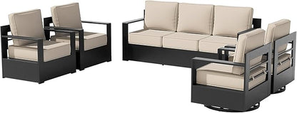 5 PCS Aluminum Patio Conversation Set - 3-Seater Sofa, 2 360° Swivel Chair, 2 Fixed Chair with 6" Thick Water-insistant Cushions, All-Weather Use Removable Cover, Ideal for Garden, Poolside (Beige)