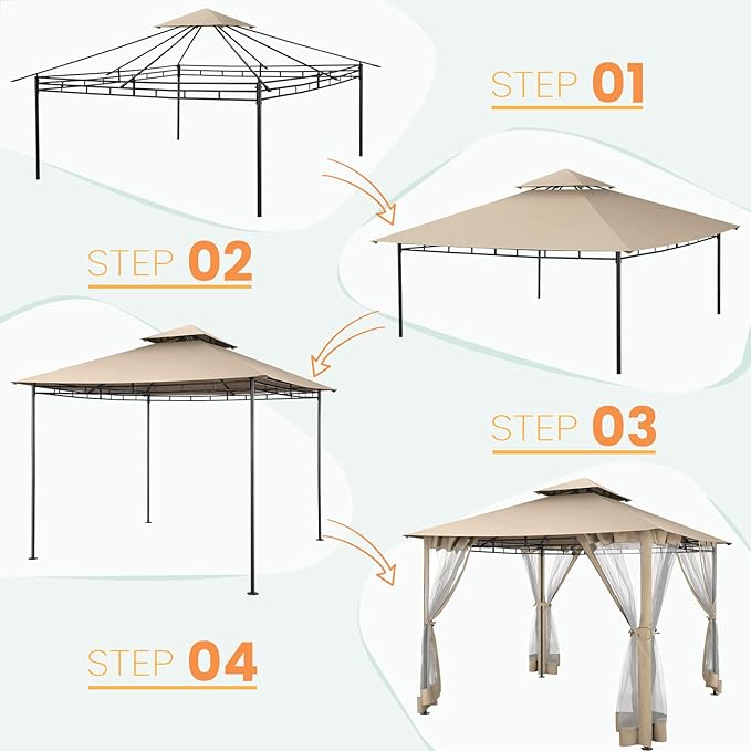 COBIZI Gazebo 10x10 Heavy Duty Gazebos with Improved Nettings Outdoor Gazebo Canopy Double Roof Patio Gazebos with Metal Steel Frame for Patio, Deck, Backyard (Khaki)