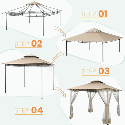 COBIZI Gazebo 10x10 Heavy Duty Gazebos with Improved Nettings Outdoor Gazebo Canopy Double Roof Patio Gazebos with Metal Steel Frame for Patio, Deck, Backyard (Khaki)