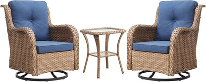 HUMMUH 3-Piece Swivel Rocking Rattan Chair Outdoor, Patio Bistro Furniture Conversation Set, Cushioned Wicker Chair with Glass Coffee Table(Yellow,Blue)