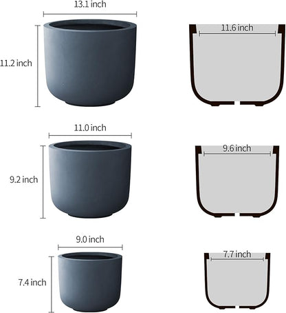 Kante 13",11",9" Dia Round Concrete Large Plant Pots Outdoor Indoor Planters Bowl with Drainage Hole for Patio, Set of 3,Charcoal