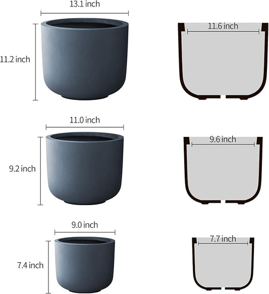 Kante 13",11",9" Dia Round Concrete Large Plant Pots Outdoor Indoor Planters Bowl with Drainage Hole for Patio, Set of 3,Charcoal