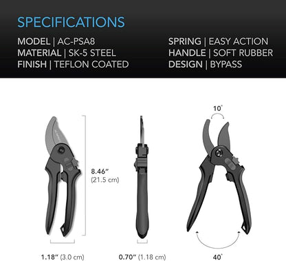 AC Infinity 8” Professional Bypass Pruning Shear, Stainless Steel SK-5 Blades with Nonstick Teflon Coating, Tree Trimmer Secateurs for Gardening, Hydroponics, Grow Tents