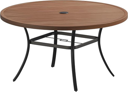 VICLLAX Outdoor Patio Round Dining Table, 53"x 53" Metal Slatted Round Tabletop with Adjustable Umbrella Hole for Deck Lawn Garden Backyard, Walnut