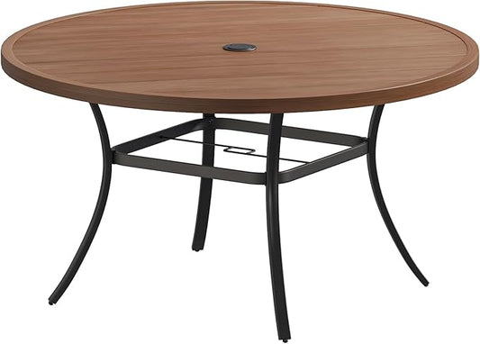 VICLLAX Outdoor Patio Round Dining Table, 50"x 50" Metal Slatted Round Tabletop with Adjustable Umbrella Hole for Deck Lawn Garden Backyard, Walnut