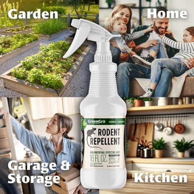 GreenGro Rodent Repellent Spray - Organic Cedar & Cinnamon Oil for Pest Control/Mice, Rat, Vole & Squirrel Repellent/Non-Toxic/Safe for Pets/Use for Home, Garden, Garage, RVs (16oz)