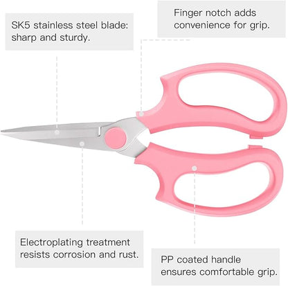 Housolution Flower Scissors, Strong Floral Shears, Premium Steel Pointed Garden Pruning Shears Floral Fruits Leaf Scissors Hand Pruner Snip Trimming Tool for Gardening Flower Arrangement, Pink