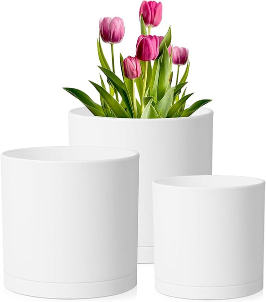 8/7/6 inch Plant Pots, Set of 3 Cylinder Flower Pots for Outdoor Indoor Plants, Decorative Plastic Planters with Drainage Holes and Saucers for Garden House Plants, White