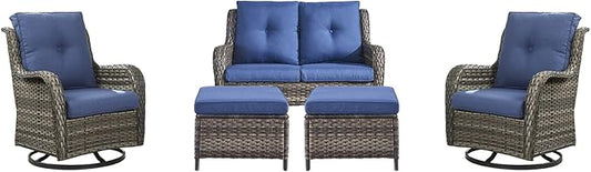 Rilyson 5 Piece Outdoor Patio Furniture Set - Rattan Wicker Patio Conversation Sets with 2 Swivel Rocker Chairs,2 Ottomans and 1 Loveseat for Outside Porch Deck Backyard(Mixed Grey/Blue)