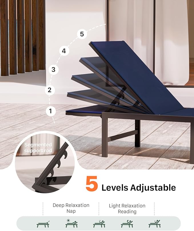 Chaise Lounge Chair Outdoor, Aluminum PatioChairs with 5 Adjustable Backrest and HeadrestPillows for Outside Beach，NavyBlue