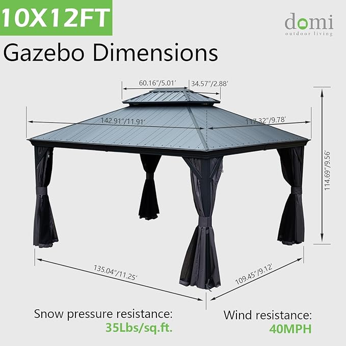 Domi 10’x12’ Hardtop Gazebo with Gutters, Outdoor Patio Gazebo Canopy with Resin & Metal Roof, Heavy Duty Permanent Pavilion for Backyard, Deck, Hot Tub, Curtains and Mosquito Netting Included