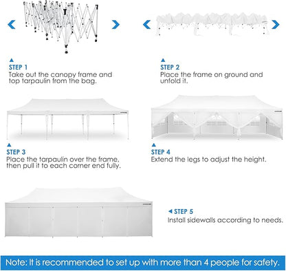 OASISHOME 10'x30' Pop-Up Canopy Tent with 8 Removable Sidewalls,Carry Bag,Waterproof Commercial Gazebo for Weddings/Outdoor Events – Heavy-Duty Frame, Raised Top Cover(White, 10x30(Higher top))