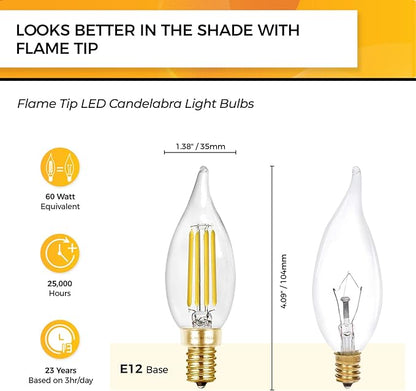Hizashi LED Candelabra Bulbs 60 watt Equivalent 5000K Daylight White, Dimmable E12 Bulb Candelabra Base, 90+ CRI 6W 550LM, CA11 Flame Tip Candle Light Bulbs, UL Listed - 6 Pack