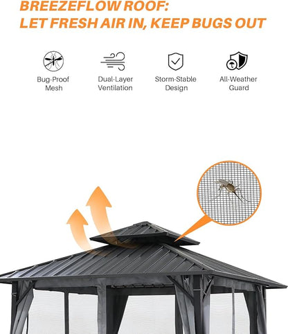 12' x 12' Hardtop Gazebo, Aluminum Frame Patio Hardtop Gazebos with Netting and Curtain, Outdoor Patio Pergola, Outdoor Patio Gazebo with Double Metal Roofs for Lawns, Garden, Deck, Slate Gray