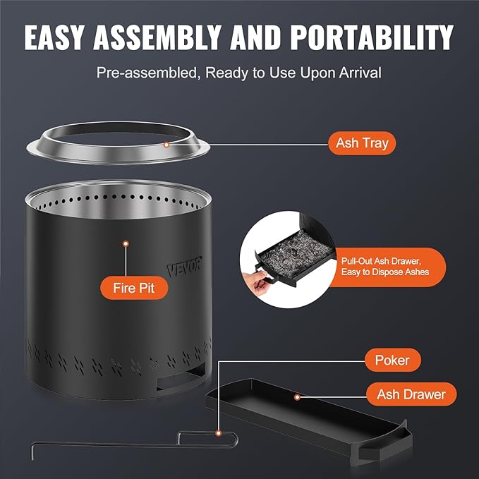 VEVOR 15.8 inch Smokeless Fire Pit Stove Bonfire, Wood Burning Fireplaces with Removable Ash Pan, SUS430 Stainless Steel Inner Portable Outdoor Firepit,for Outdoor Patio Camping High 15.4 inch