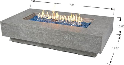 Elementi+ | Bundle Riviera Gas Fire Pit Cast Concrete 60" Rectangular Fire Table, Outdoor Fire Pit Electronic Ignition | Canvas Cover, Fire Glass and Burner Lid Included | Light Gray | Propane Gas