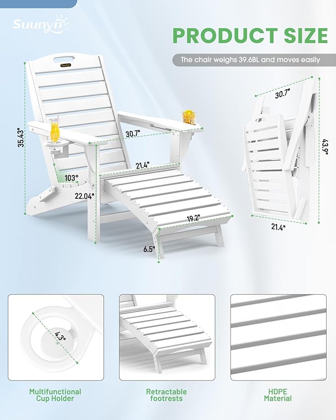 Folding Adirondack Chairs Set of 6,Adirondack Chair with Retractable Ottoman,Plastic Adirondack Chairs with 2 Cup Holder,Weather Resistant Patio Chair,Outdoor Chairs Set of 6(White)