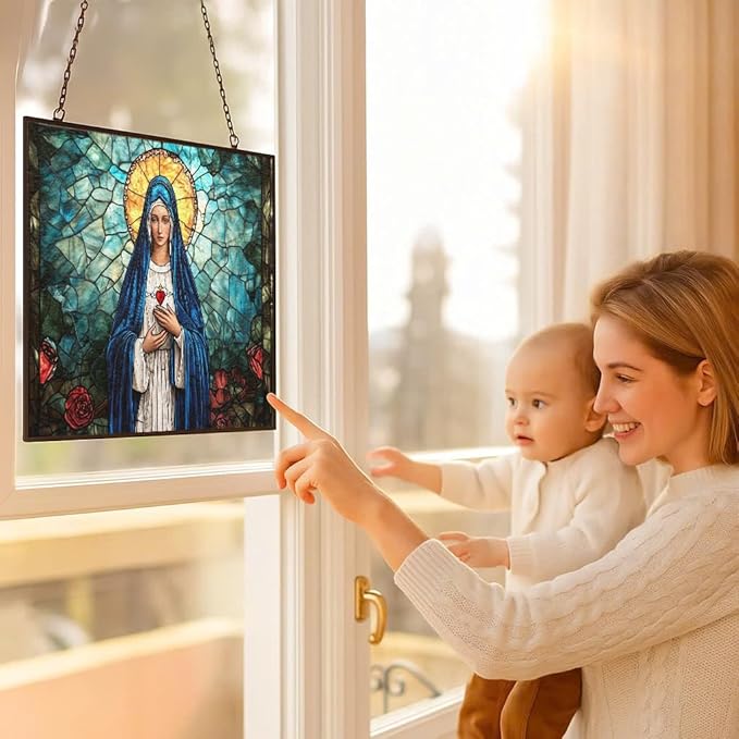 Rectangle Virgin Mary Stained Glass Window Hangings, Cat Butterfly Sunflower Handcrafted Stained Glass Suncatchers, Gift for Cat Lovers Nature Lovers 15"x11"