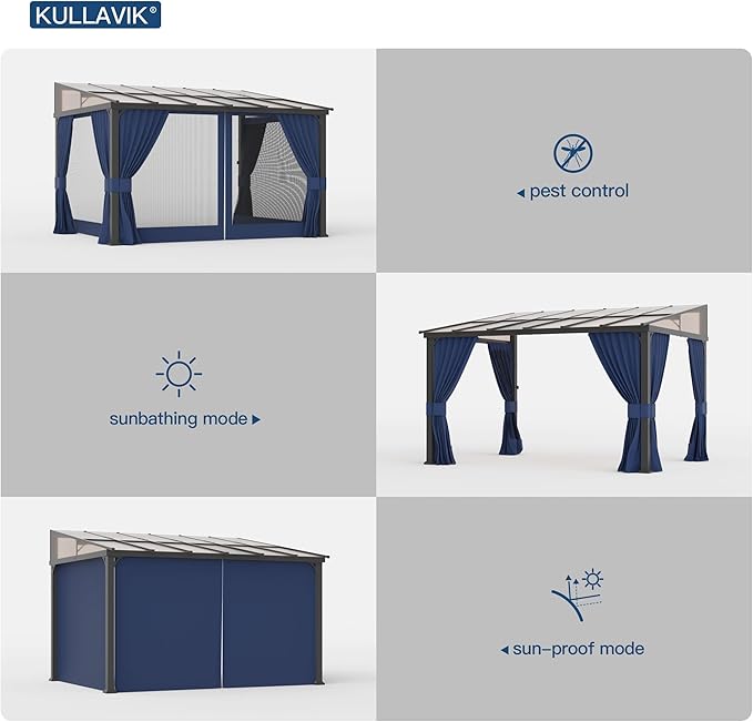 Kullavik 10' × 12' Hardtop Gazebo for Patio,Wall-Mounted Lean to Gazebo Pergola with Sloping Roof and Durable Aluminum Frame,Large Heavy Duty Awnings for Decks,Backyard,NavyBlue