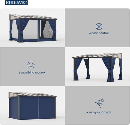 Kullavik 10' × 28' Hardtop Gazebo for Patio,Wall-Mounted Lean to Gazebo Pergola with Sloping Roof and Durable Aluminum Frame,Large Heavy Duty Awnings for Decks,Backyard,NavyBlue